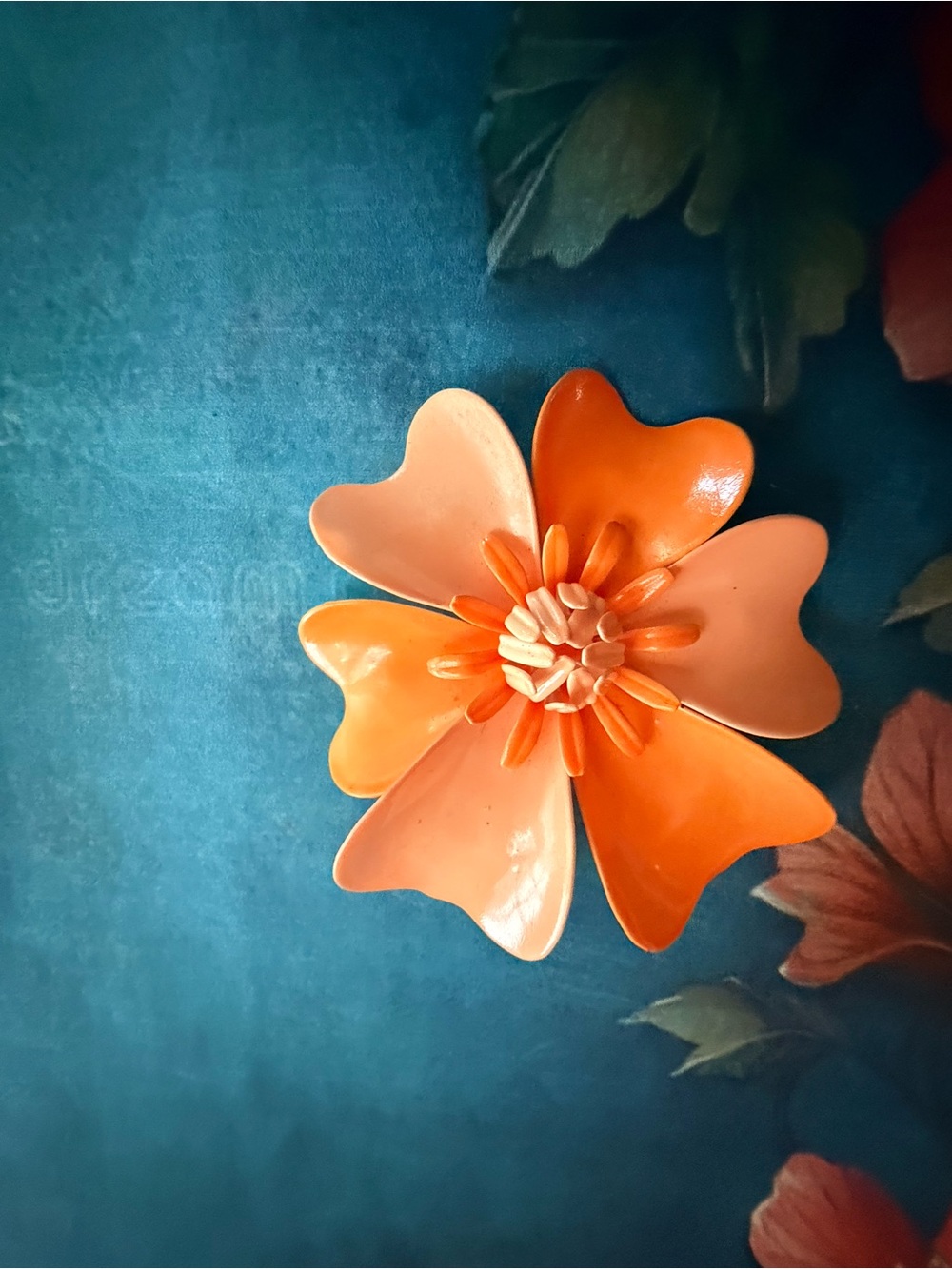 Orange Floral Enamel Brooch.